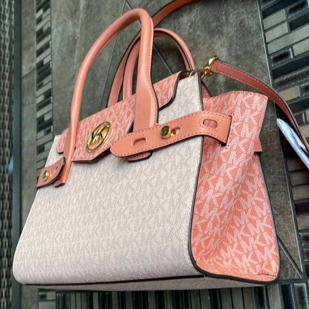 Michael Kors Carmen Medium Color-Block Logo Flap Satchel Sherbert